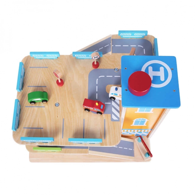 Houten garagebaan met lift + speelgoedauto's Ecotoys