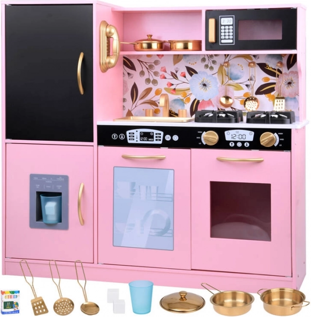 Wooden retro kitchen for kids with fridge and oven