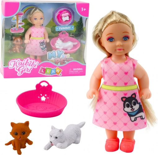Mini-Puppe mit Hund und Katze mit Zubehör