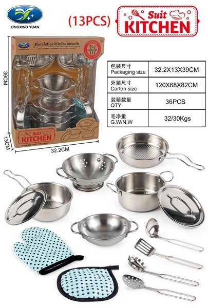 Set van metalen potten voor kinderen 3+ met keukengerei en schort