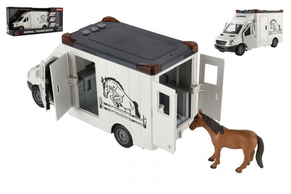 Auto transporteur dieren plastic 28cm met paarden op vliegwiel met licht met geluid grijs in doos 39x18cm