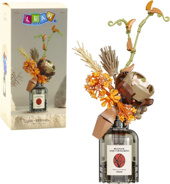 Construction Kit Autumn Flower Bouquet in Beige-Brown Vase, 362 Pieces