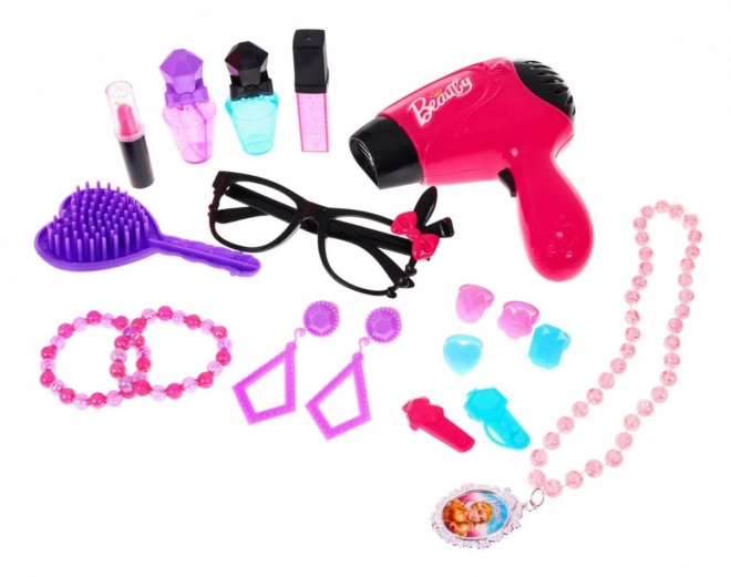 Roze kaptafel met spiegel en stoeltje + stylingaccessoires en föhn