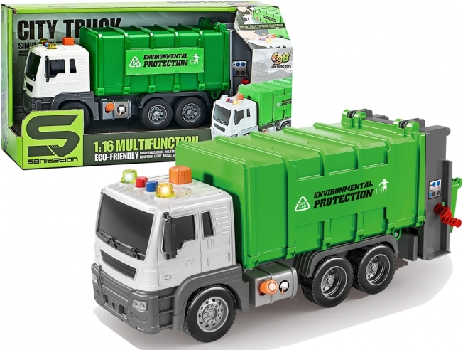 Vuilniswagen met frictieaandrijving en geluidseffecten, groen 1:16 – leren afval scheiden