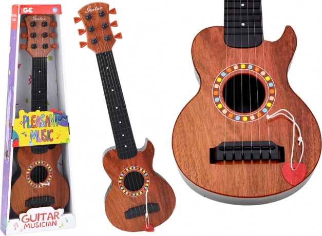 Guitare jouet en bois marron pour enfants avec médiator