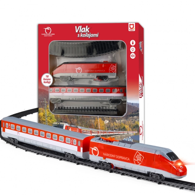 Trein Železničná Spoločnosť Slovensko met rails 18 stuks plastic op batterijen met geluid, licht in doos.