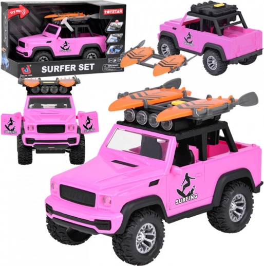 Rosa Geländewagen mit Surfbrettern und Sounds für Kinder