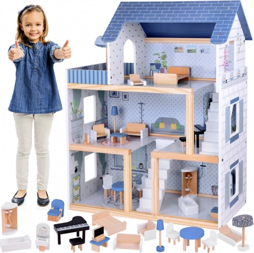 Blaues Holz-Puppenhaus + Möbel, 3 Etagen ZA5273