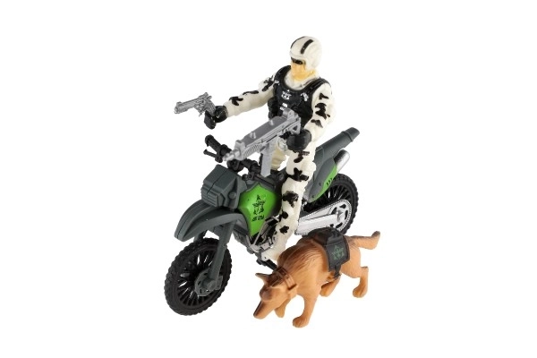 Militaire set plastic motorfiets, soldaat, hond met accessoires in doos 23x14x4cm