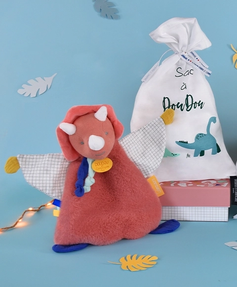 Doudou gift set - toy with pacifier holder pink dinosaur