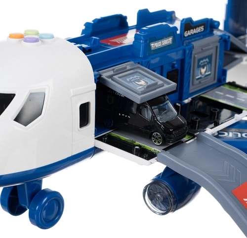 Opening airplane with parking lot and ramps