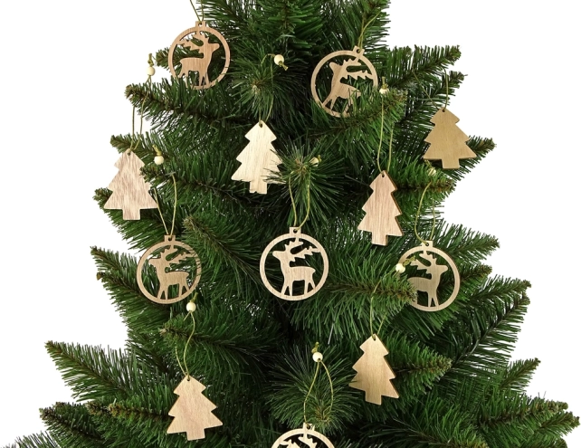 Wooden Christmas ornaments – set of 12 pcs, tree and reindeer
