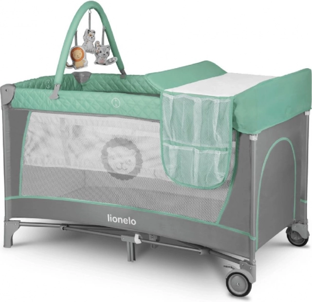 Reisbedje en speelpark 2-in-1 LIONELO Flower – Turquoise