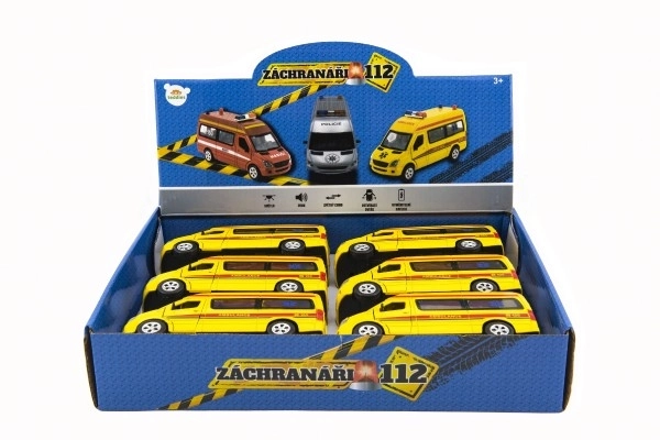 Auto ambulance metaal/plastic 15cm op batterijen met licht en geluid op wrijving 6 stuks in doos