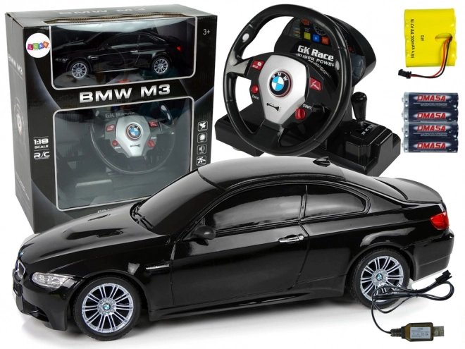 BMW M3 op afstand bestuurbare auto zwart 2.4G afstandsbediening stuurwiel 1:18 geluidseffecten lichten