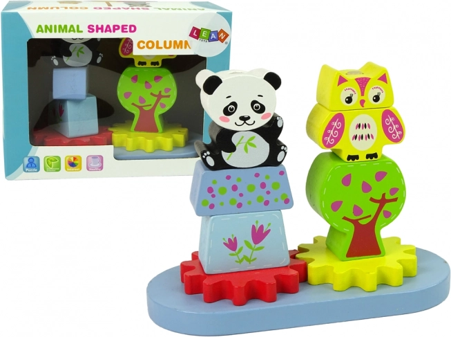 Houten dierensorteerder Uil en Panda met tandwielen