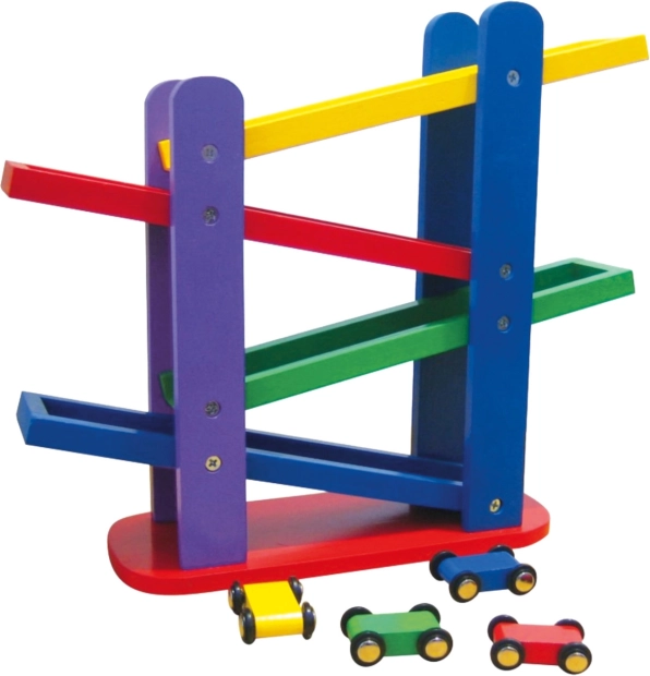 Wooden racetrack with colorful cars