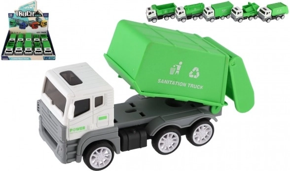 Kunststof bouwvrachtwagen met vliegwiel 14 cm – set van 5 soorten, 10 stuks in box