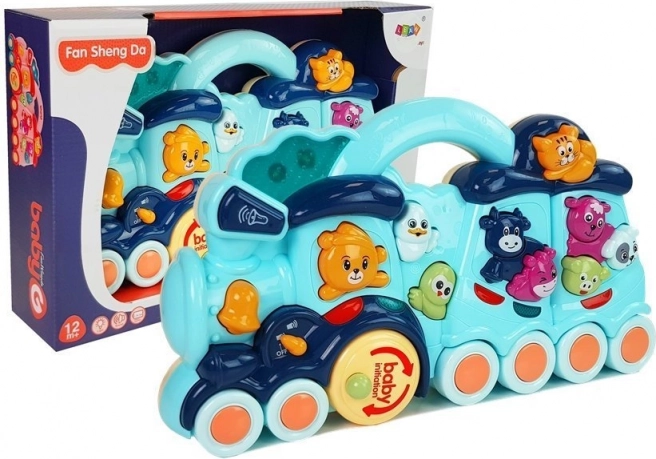 Interactive blue locomotive for kids with animal sounds and light effects