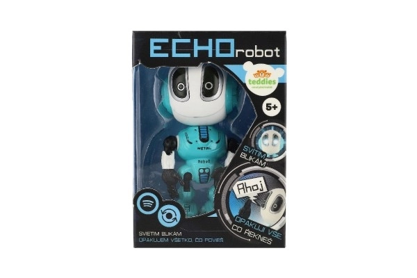 Robot ECHO herhaalt zinnen metalen 12cm blauw op batterijen met geluid en licht in doosje 10,5x15x5,5cm
