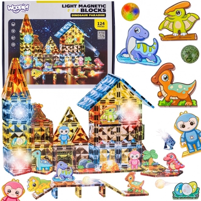 Woopie magnetic glowing 3D building set – Dinosaur Park, 124 pieces
