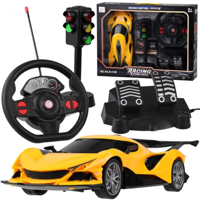 Raceauto met afstandsbediening en accessoires – Geel
