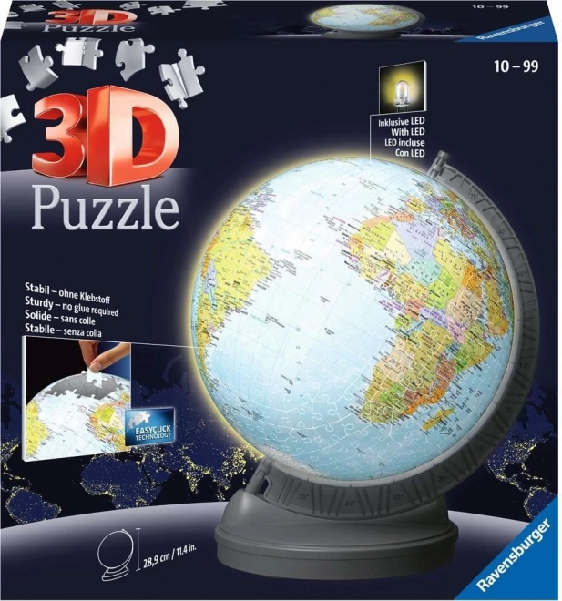 3D Puzzleball Illuminated Globe Earth Sphere 548 Pieces Ravensburger