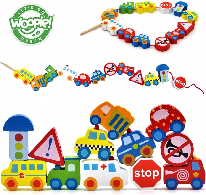 Woopie Green perles à enfiler en bois véhicules 13 pcs