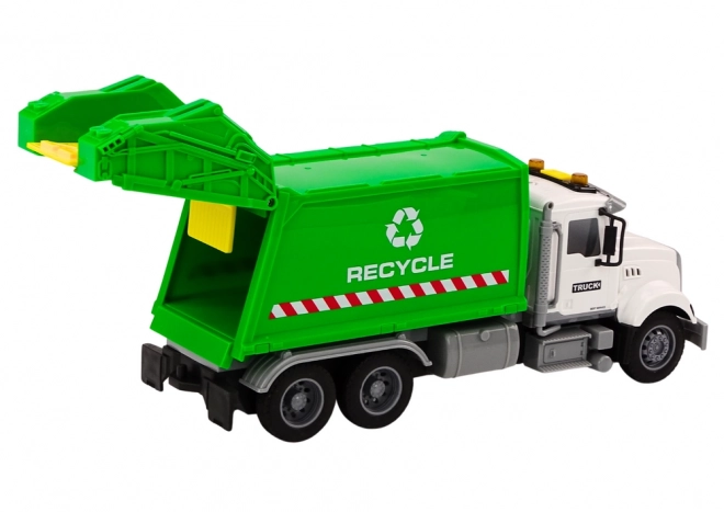 Wit-groene speelgoed vuilniswagen met licht- en geluidseffecten