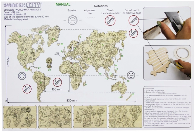 Wooden Animal World Map 3D, Size M