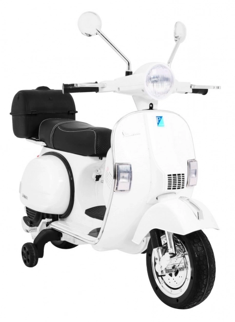 Elektrische kinderscooter Vespa wit met zijwieltjes, audio en eco-leer