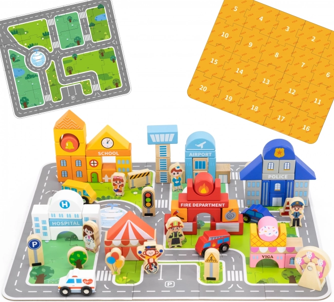 Viga Wooden City Building Set with Puzzle Mat and Figures
