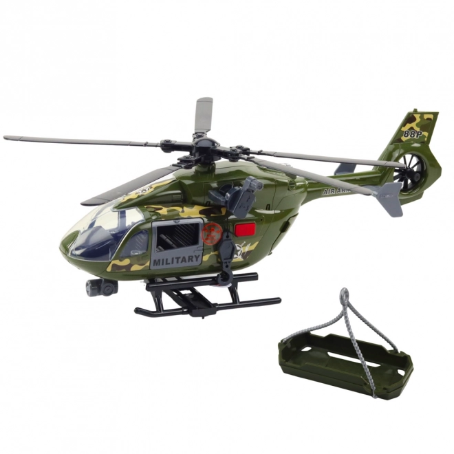 Militaire helikopter met schijnwerpers en geluiden