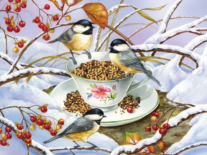 Magical winter motif: Chickadees at Tea
