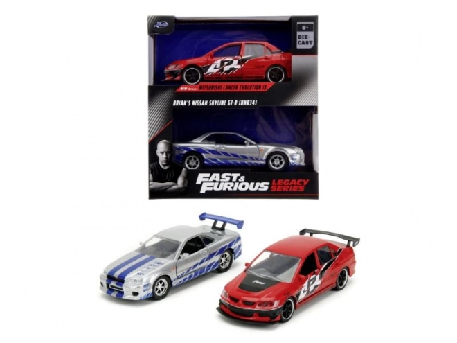 Fast en Furious Twin Pack 2006 Mitsubishi Lancer Evo IX + Brian's 2002 Nissan Skyline GTR R34, 1:32 Wave 4/2