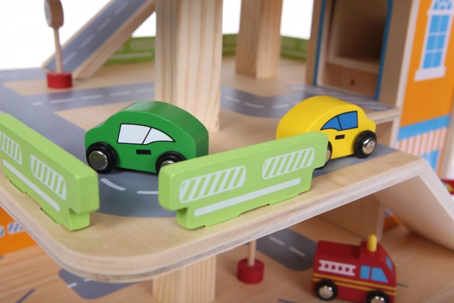 Houten garagebaan met lift + speelgoedauto's Ecotoys