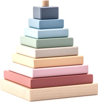 Cubika pastel-colored pyramid – wooden stacking toy, 9 pieces
