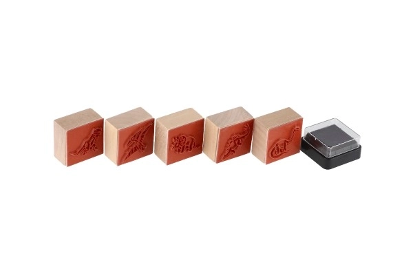 Houten stempels 5+1 met kussen dinosaurussen 3x3cm op kaart
