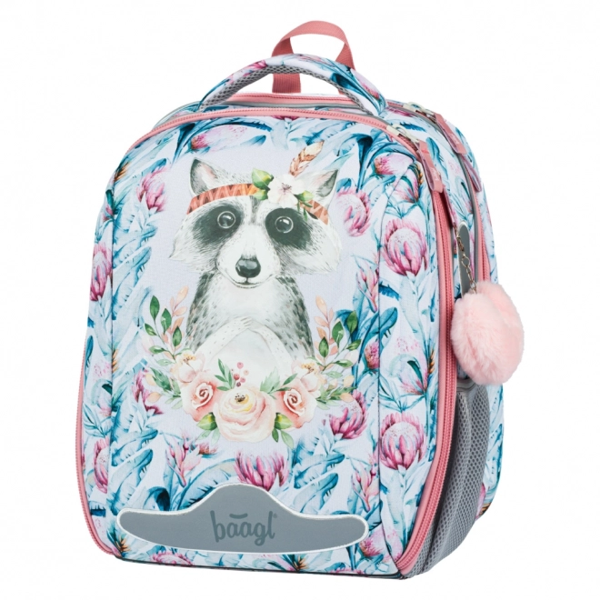 Schooltas met wasbeer en bloemenpatroon