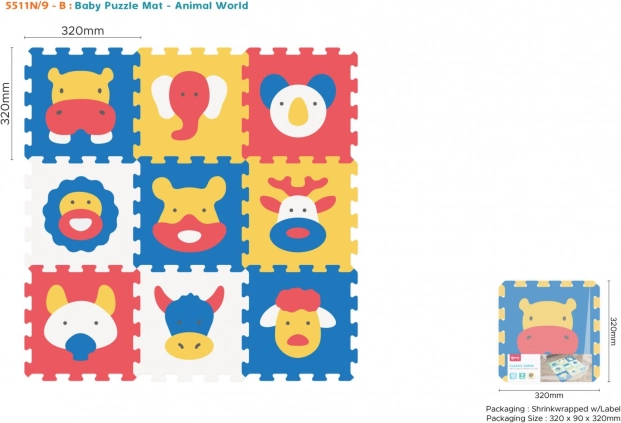 Foam puzzle mat with animals, 9 pcs, EVA, 10m+, 3D shape assembly