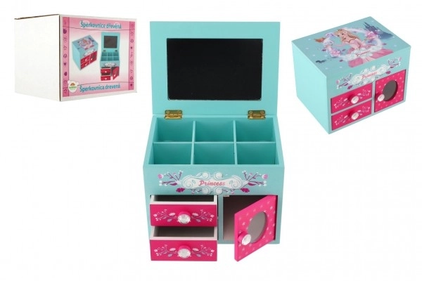Juwelenkastje Princess 3 lades met opklapbare bovenkant met spiegel hout 16x12,5x12cm in doos