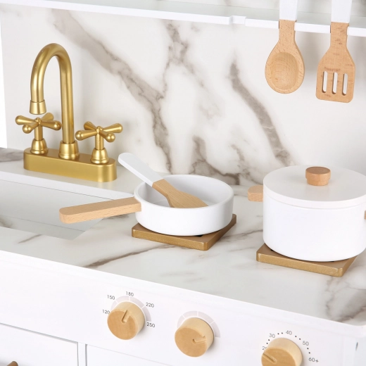 Houten speelkeuken voor kinderen – wit met marmerdesign