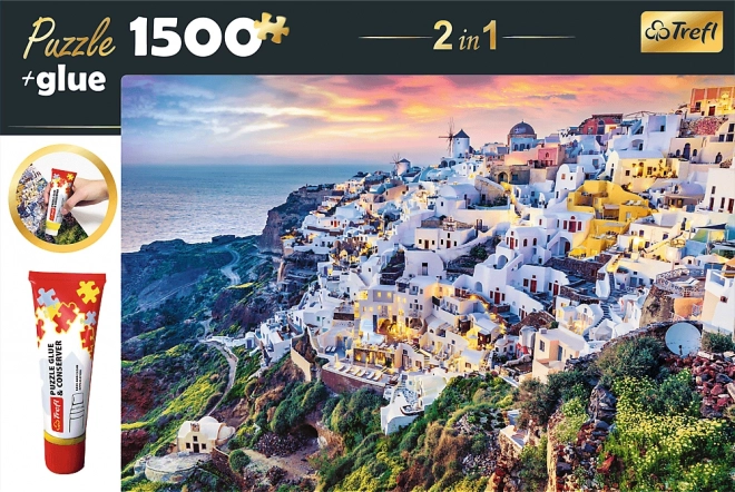 Trefl Set 2v1 Puzzle Wunderschöne Insel Santorini Griechenland 1500 Teile mit Kleber