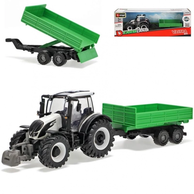 Bburago Farm 10cm Tractor met Aanhanger - Valtra N174 - Kiepaanhangwagen