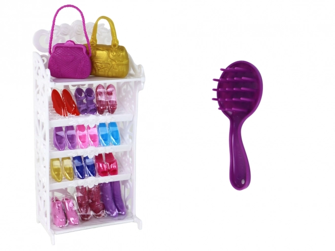 Kinderpop Lange blonde haren Kledingkast Schoenen Jurken Accessoires Paars