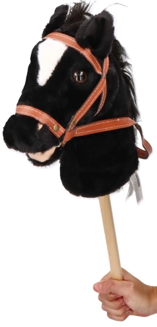 Hobby paard Baron, zwart pluche paard op stok met geluiden