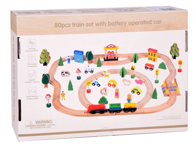Grote set houten treinbaan met batterij-aangedreven locomotief