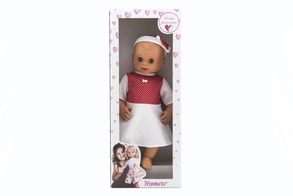 Pop Hamiro knipogend 50 cm met stevig lichaam en witte jurk met rode stippen