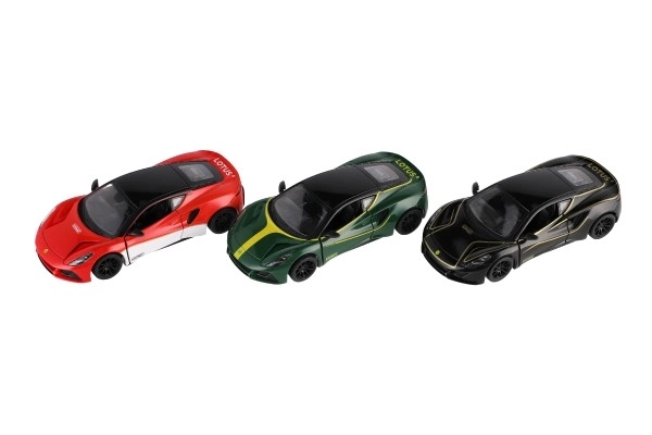 Auto Kinsmart Lotus Emira 1:38 metaal/plastic 12,5cm 3 kleuren met pull-back mechanisme 12 stuks in doos