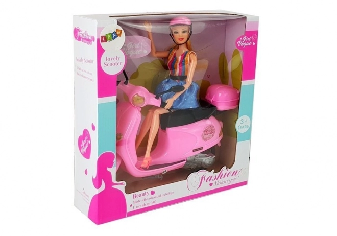 Doll on Pink Scooter with Helmet, Long Hair